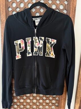 PINK Victoria's Secret Floral-Print Black Zip Hoodie - PINK Victoria's Secret